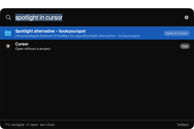 DeSpot opening a project in Cursor